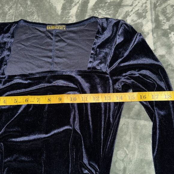 NASHALYLY Bodycon Mermaid Dress Women Small Navy Velvet Ruched Ruffle Side Split - Picture 6 of 8